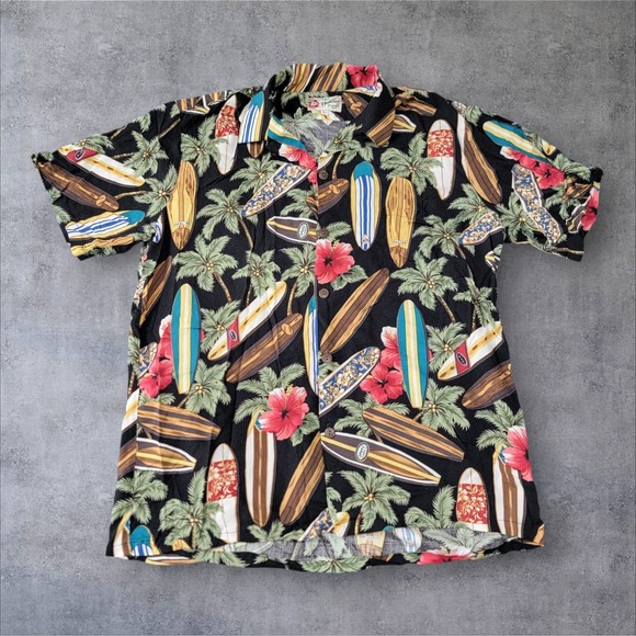 Hilo Hattie Hawaiian Button Up‎ Shirt Large Short Sleeve 100% Rayon Surf Boards - Picture 1 of 9